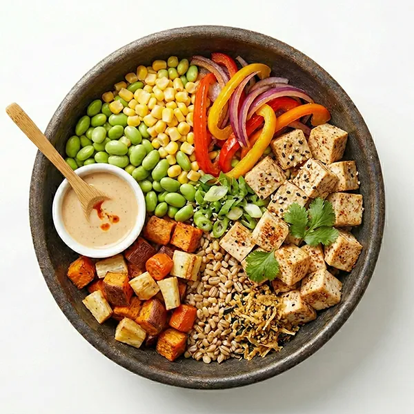Oriental Vegan Poke with Roasted Vegetable & Barley Mix